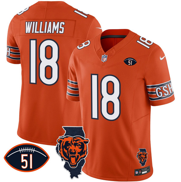 Men's Chicago Bears #18 Caleb Williams Orange F.U.S.E. With Illinois and No. 51 Patch Stitched Football Jersey Men's Chicago Bears #18 Caleb Williams Orange F.U.S.E. With Illinois and No. 51 Patch Stitched Football Jersey